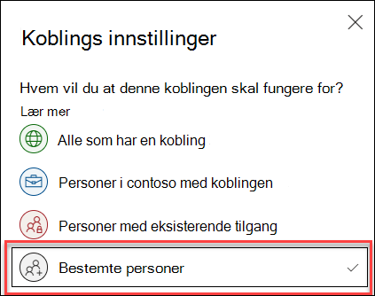 Koblingsinnstilling i OneDrive med alternativet Bestemte personer uthevet.