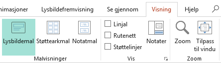 Lysbildeoppsett kan tilpasses i lysbildemalvisning