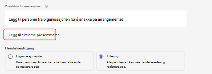 Skjermbilde som viser hvordan du legger til eksterne presentatører i et nettseminar