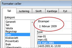 Eksempel-boksen valgt i dialogboksen Formater celler