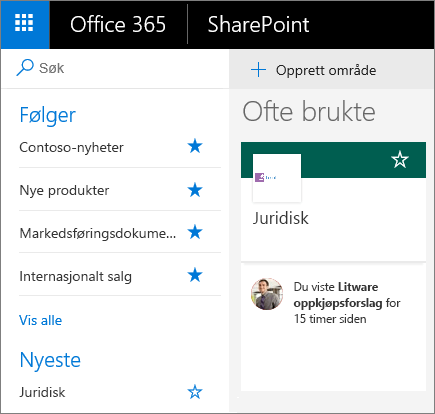 Skjermbilde av startsiden for SharePoint i Moderne-modus.