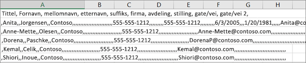 Et eksempel på en .csv-fil som er lagret i .xls-format.