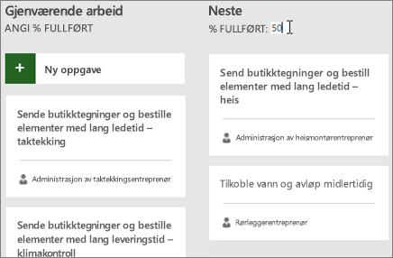 Skjermbilde av oppgavetavlen med markøren som skriver inn tallet 50 for % fullført