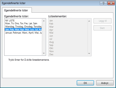 Dialogboksen Egendefinerte lister