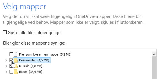 Dialogboks for å velge synkroniseringsmapper