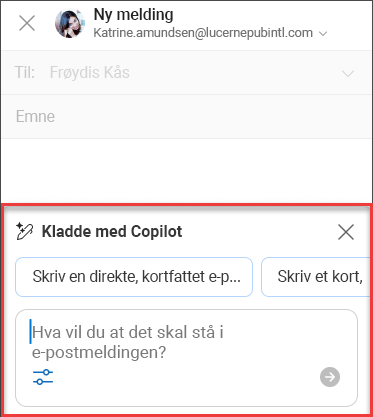 Teksten «Hva ønsker du at det skal stå i denne e-postmeldingen» for utkast med Copilot i Outlook
