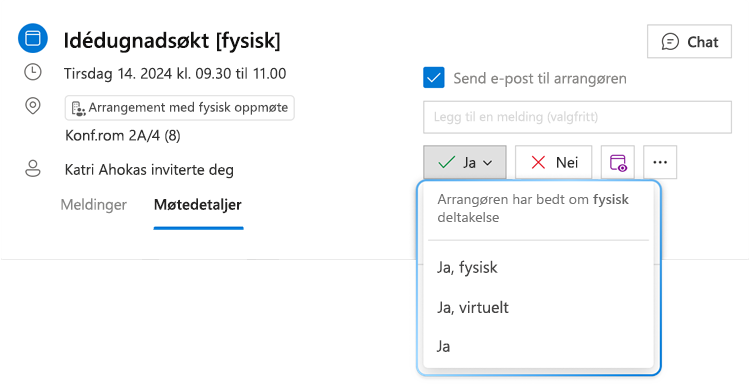 Bilde som viser den hybride RSVP-menyknappen for Ja med rullegardinlisten utvidet, der én kan se tre forskjellige alternativer: «Ja, personlig», «Ja, virtuelt» og «Ja».