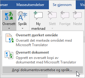 Viser Angi språk for dokumentoversettelse under Oversett-menyen