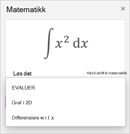 Eksempelligning som viser løsningsalternativer for derivater og integraler