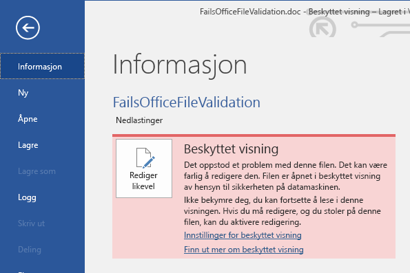 Beskyttet visning – Office-filvalideringsfeil for Backstage