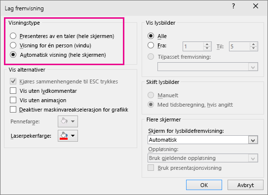viser selvkjørende powerpoint-dialogboks