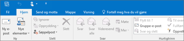 Slik ser båndet ut i Outlook 2016.