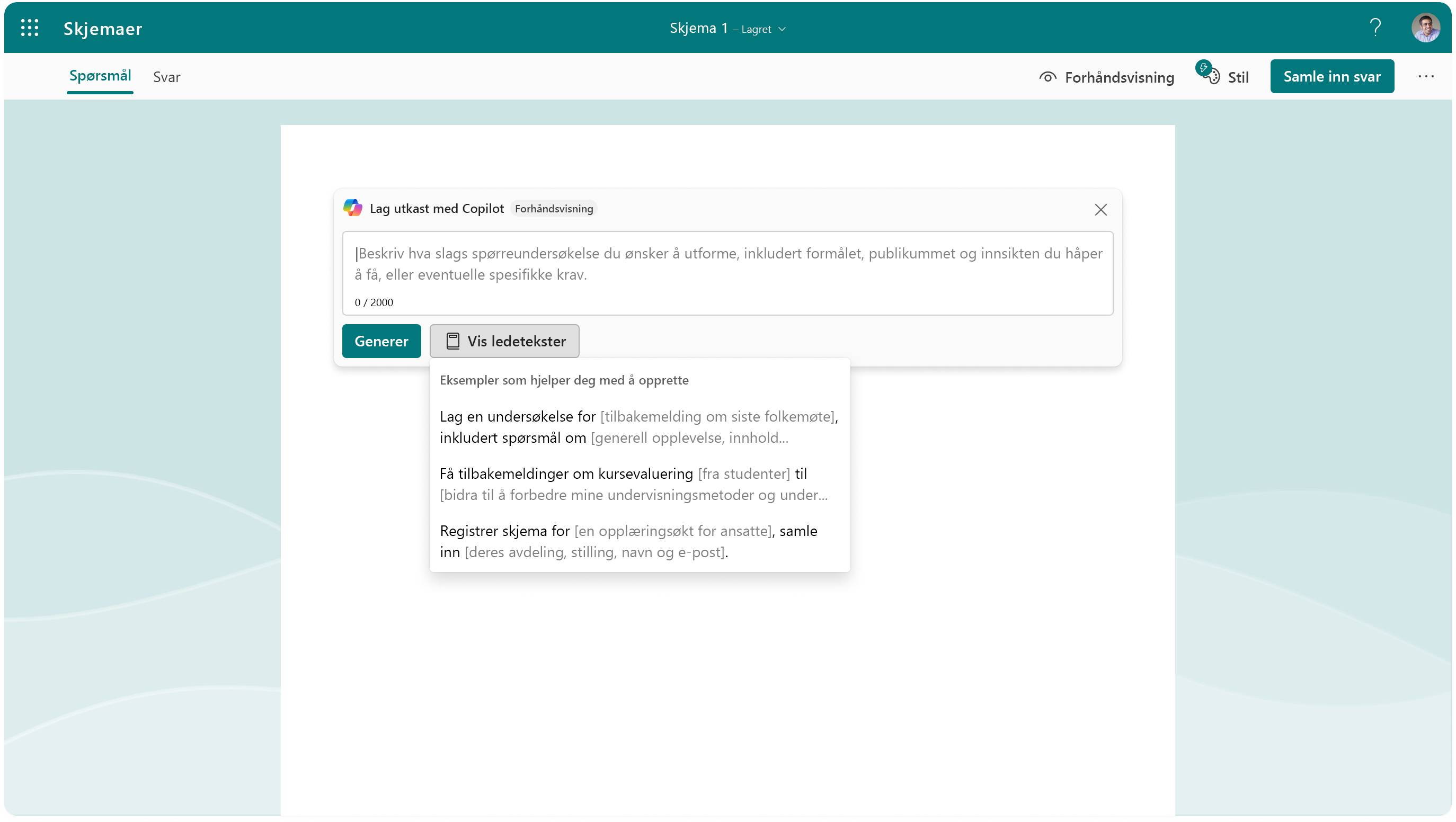 Skjermbilde som viser alternativene for ledetekster for Copilot i Forms
