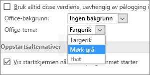 Rullegardinmenyen for Office-tema, alternativene Fargerik, Mørk grå og Hvitt