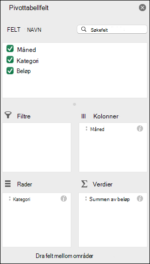 Eksempel på dialogboksen Pivottabellfeltliste for Excel