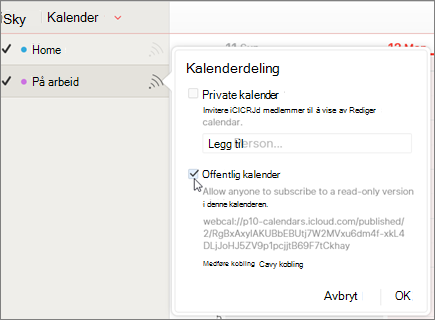 Innstillinger for offentlig kalender i iCloud