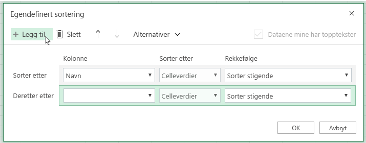 Når du har klikket på Legg til, vises nok et sorteringsnivå i listen ved Deretter etter