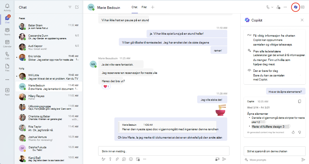 En visning av Copilot i en Teams-chat