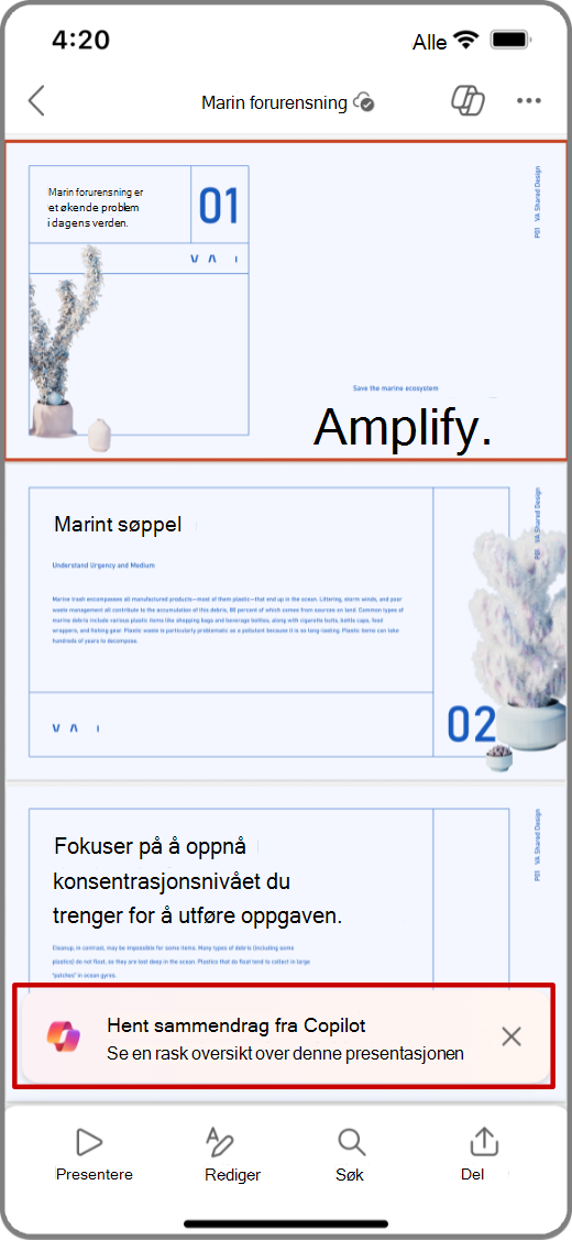 Skjermbilde av Copilot i PowerPoint på iOS-enhet med ledeteksten Hent sammendrag uthevet