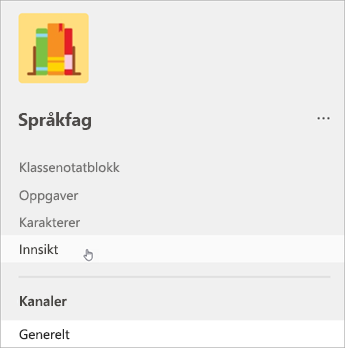 Skjermbilde av venstre navigasjonsfelt i Teams. En liste viser klassenotatblokk, oppgaver, karakterer og deretter innsikt.