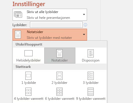 skjermbilde av alternativet Skriv ut notater