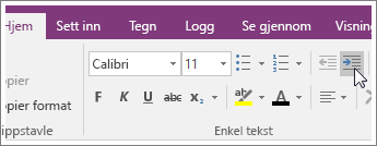 Skjermbilde av knappen Øk innrykk i OneNote 2016.