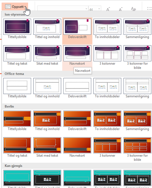 Klikk på pil ned ved siden av Oppsett for valg av maler