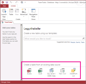 Alternativer for eksisterende datakilder på siden Legg til tabeller.