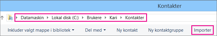 Gå til Kontakter-mappen, og velg Importer.