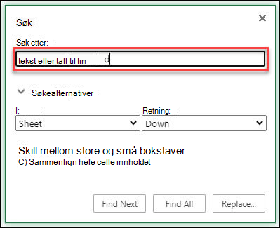 Finne tekst eller tall i en arbeidsbok eller et regneark ved å trykke Ctrl+F