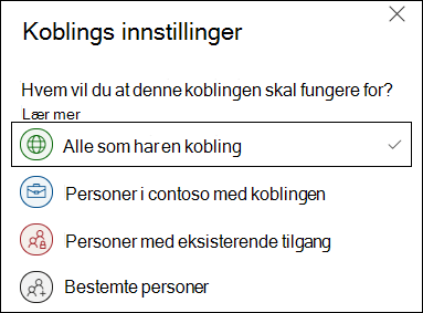 Koblingsalternativet OneDrive Alle i Koblingsinnstillinger.