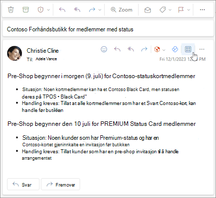 Apper-ikonet på handlingsfeltet i en melding i Outlook på nettet og i nye Outlook for Windows.