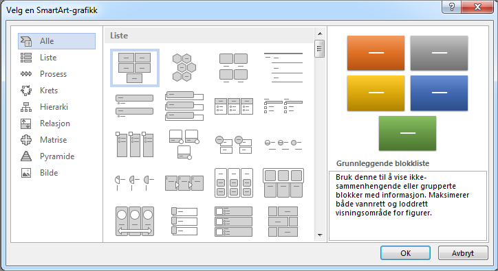 Alternativene i boksen Velg en SmartArt-grafikk