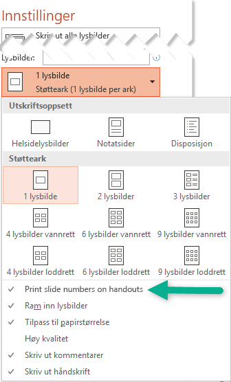 Skrive ut lysbildenumre på støtteark.