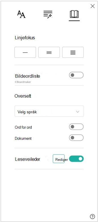 Skjermbilde av leseinnstillingsruten for engasjerende leser, som viser alternativer for linjefokus, bildeordliste, oversettelse og Leseveileder.