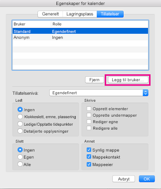Legge til brukerknapp i kalendertillatelser-fanen