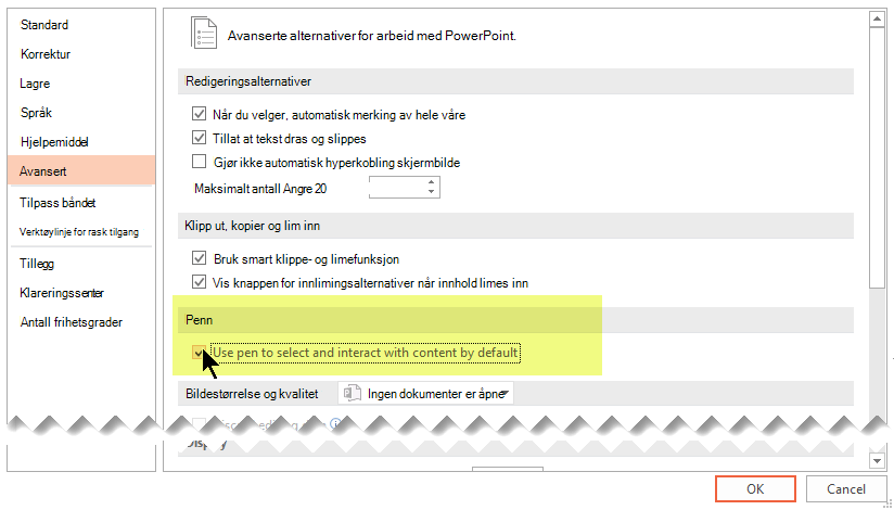 Hvis du vil deaktivere håndskrift som standard, velger du alternativet «Bruk penn til å velge og samhandle med innhold som standard».