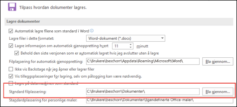 Lagre-alternativene i Word som viser standardinnstillingen for arbeidsmappen