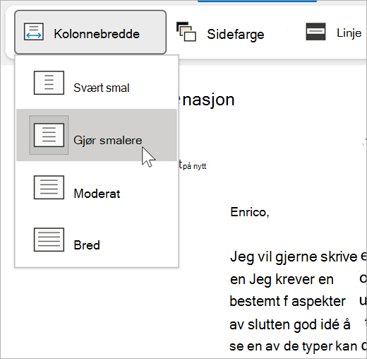 skjermbilde av rullegardinlisten for kolonnebredde for engasjerende leser. Alternativene er svært smale, smale, moderate og brede