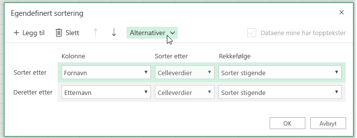 Dialogboksen Egendefinert sortering med den valgte alternativknappen