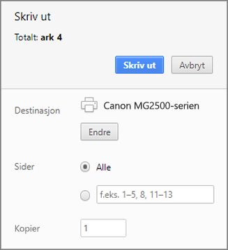 Alternativer for utskriftspanelet i Chrome