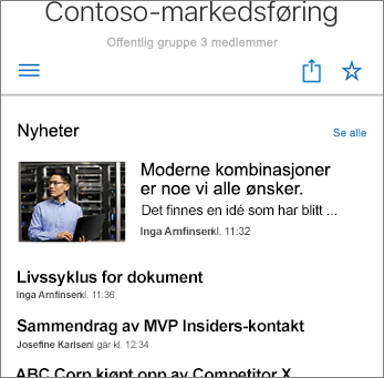 Skjermbilde av gruppenyheter på området
