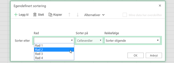 Rullegardinliste-raden i dialogboksen for egendefinert sortering, er åpen når du velger å sortere fra venstre mot høyre