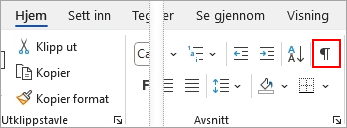 Vis/Skjul-ikonet er markert på Hjem-fanen.