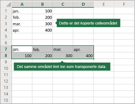 Et eksempel på Lim inn transponer