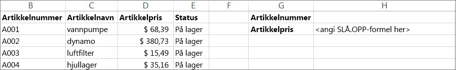 Et eksempel på hvordan du kan bruke funksjonen SLÅ.OPP