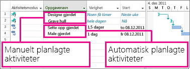 Forklaring på manuelle og automatiske tidsplanaktiviteter