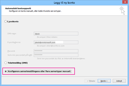 Velg Konfigurer serverinnstillingene eller flere tjeneste typer manuelt.