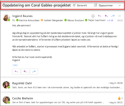 Klikk på Oppsummer for å få et sammendrag av en e-posttråd av Copilot.