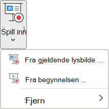 Kommandoene for å spille inn en lysbildefremvisning på innspillingsfanen i PowerPoint.